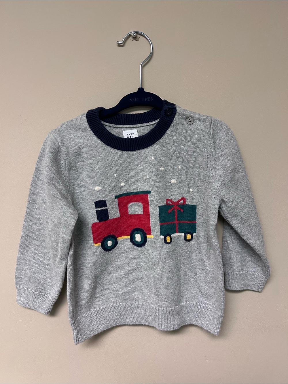 Gray Baby Sweater with Red Train and Green Gift